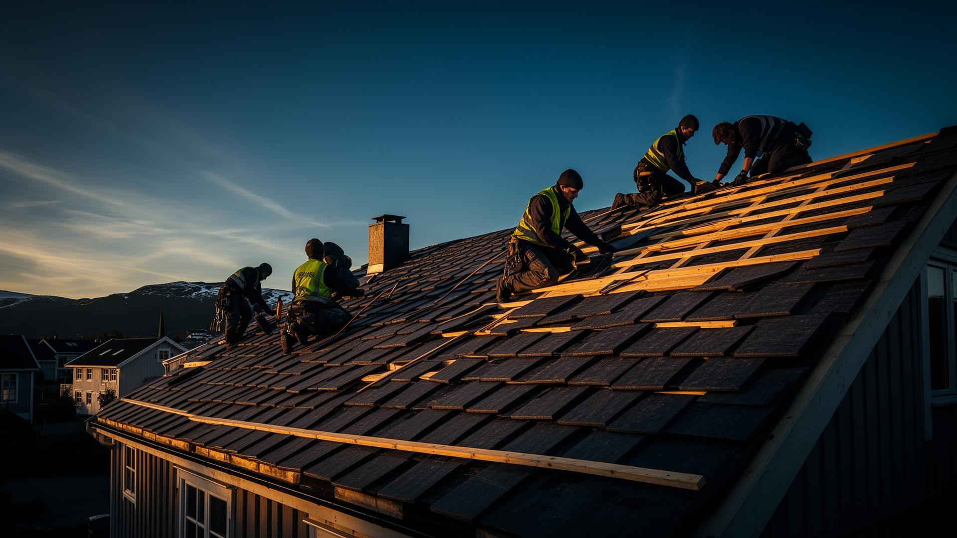 Altena håndverkere bygger nytt tak ved solnedgang